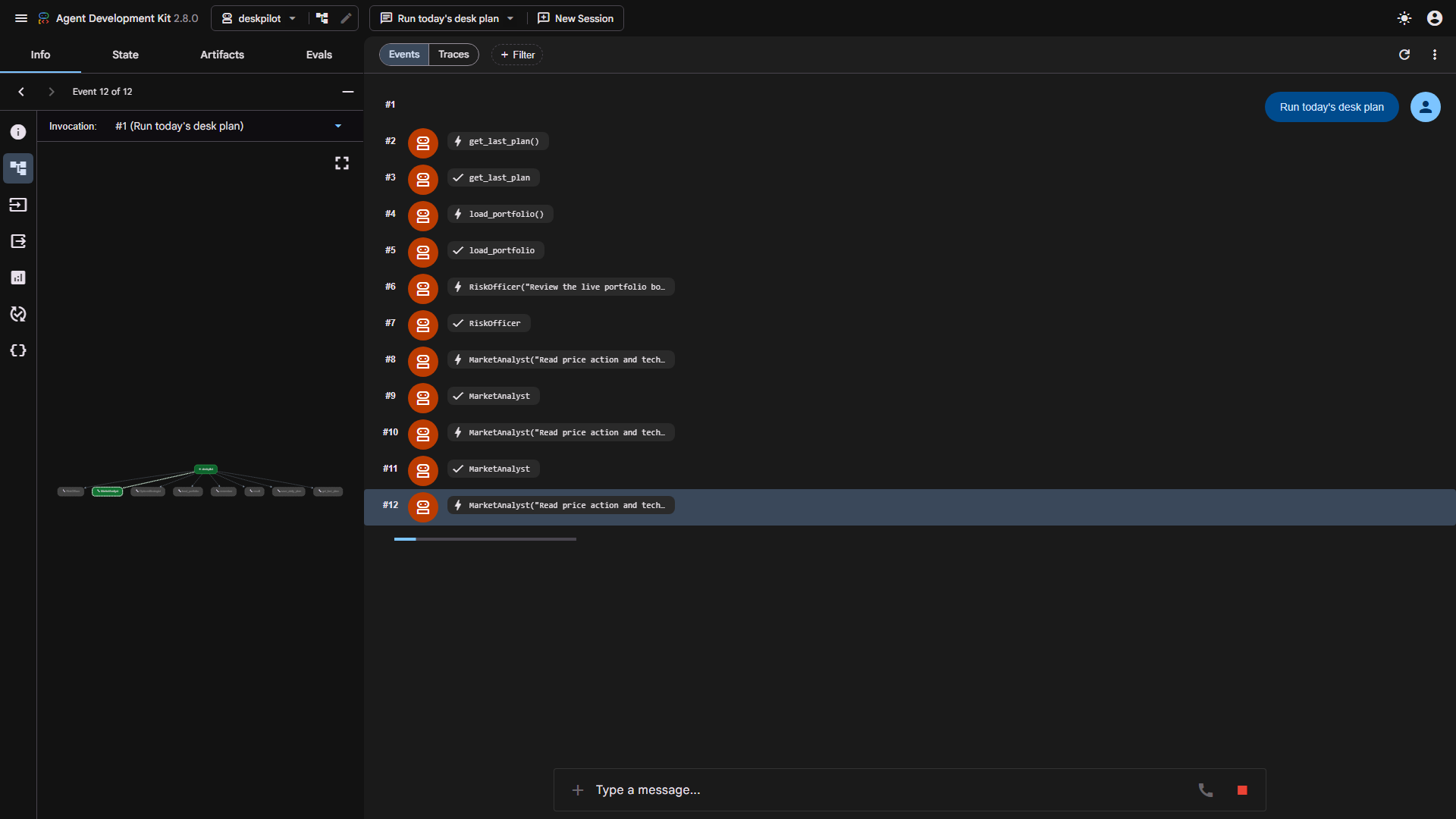 Deskpilot ADK Dev UI showing completed daily plan and streamed tool calls