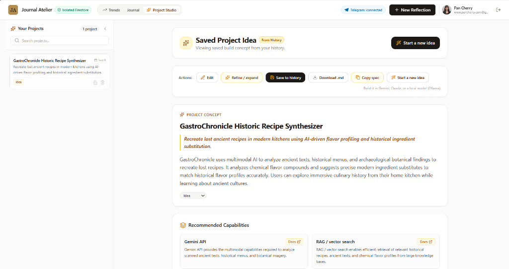 Journal Atelier AI Project Studio Surface and Provider-Agnostic Build Spec Export