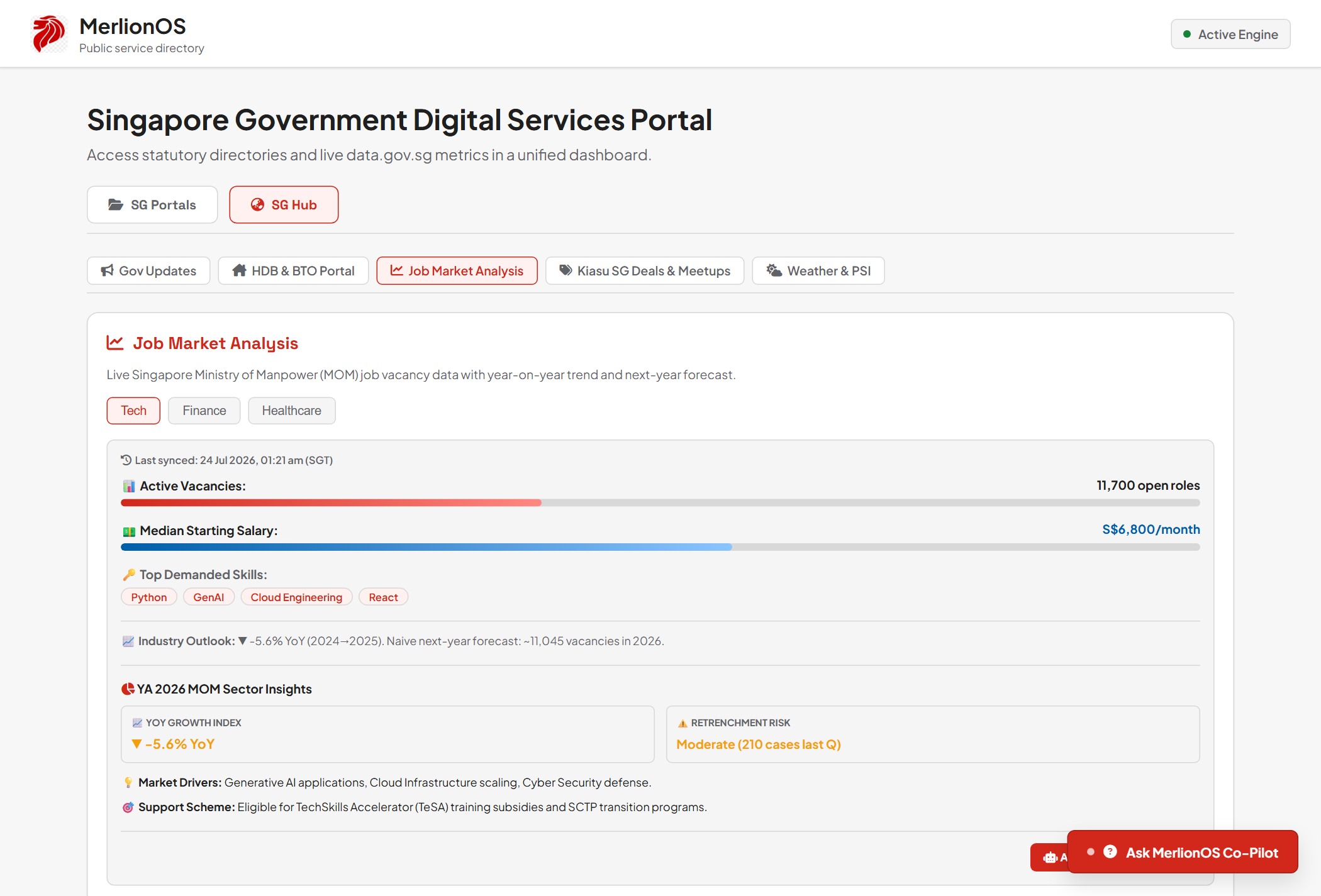 MerlionOS Job Market Analysis panel powered by Google Cloud BigQuery