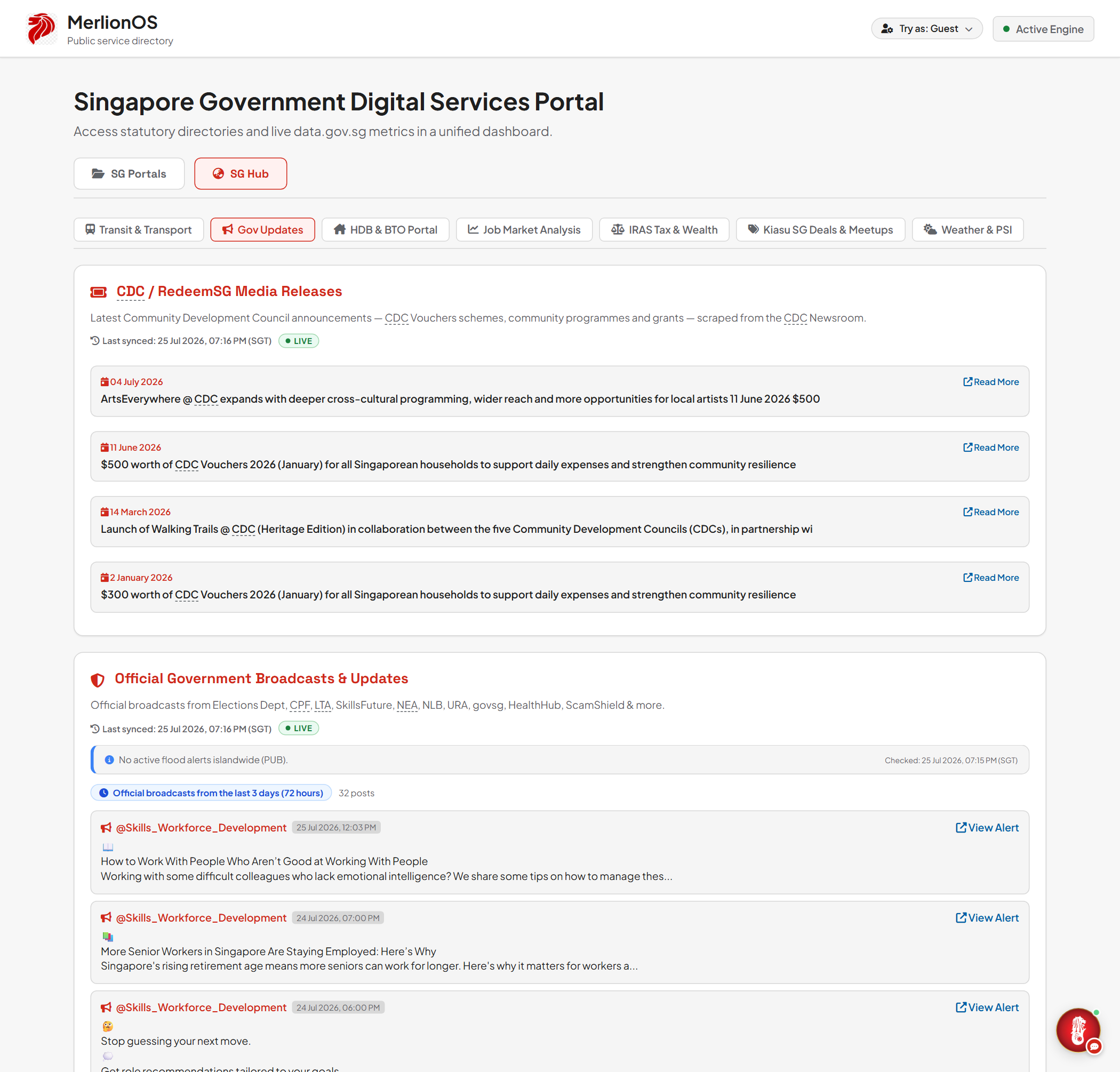 MerlionOS Gov Updates hub: CDC/RedeemSG media-release scraper and official Telegram broadcasts with live freshness badges
