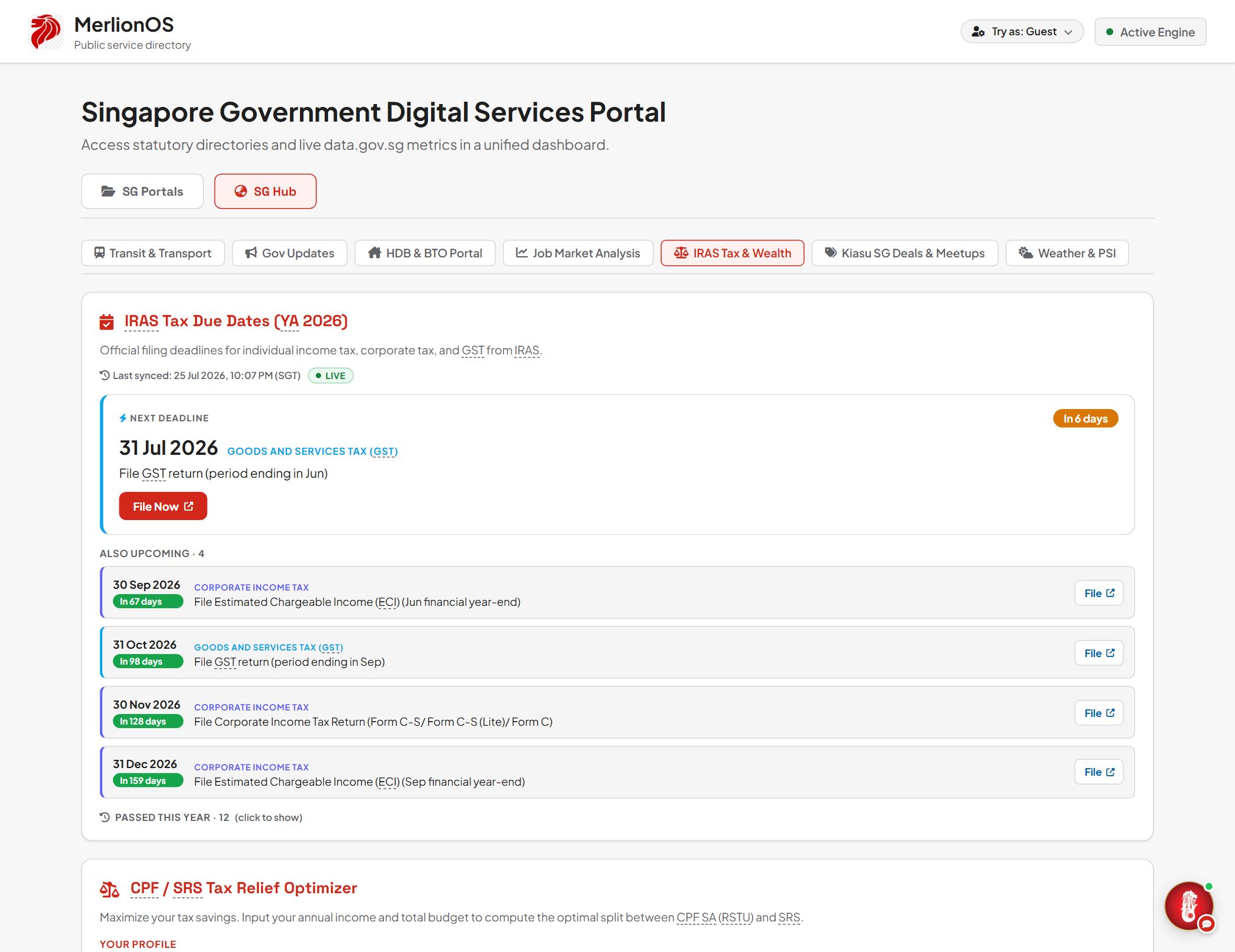 MerlionOS IRAS Tax Due Dates panel with live filing deadlines