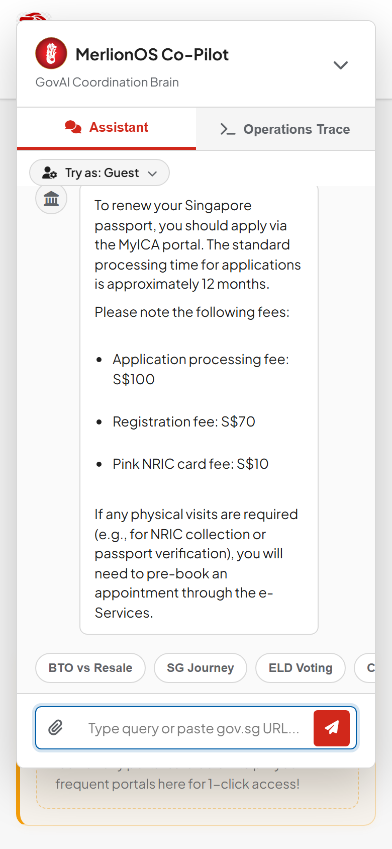 MerlionOS mobile Co-Pilot chat answering a passport-renewal question