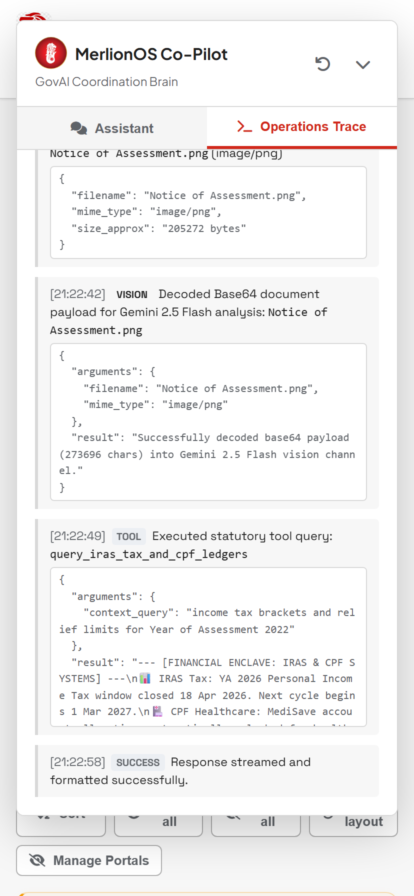 Multimodal Step 3: Operations Trace log for base64 vision parsing and tax tool call
