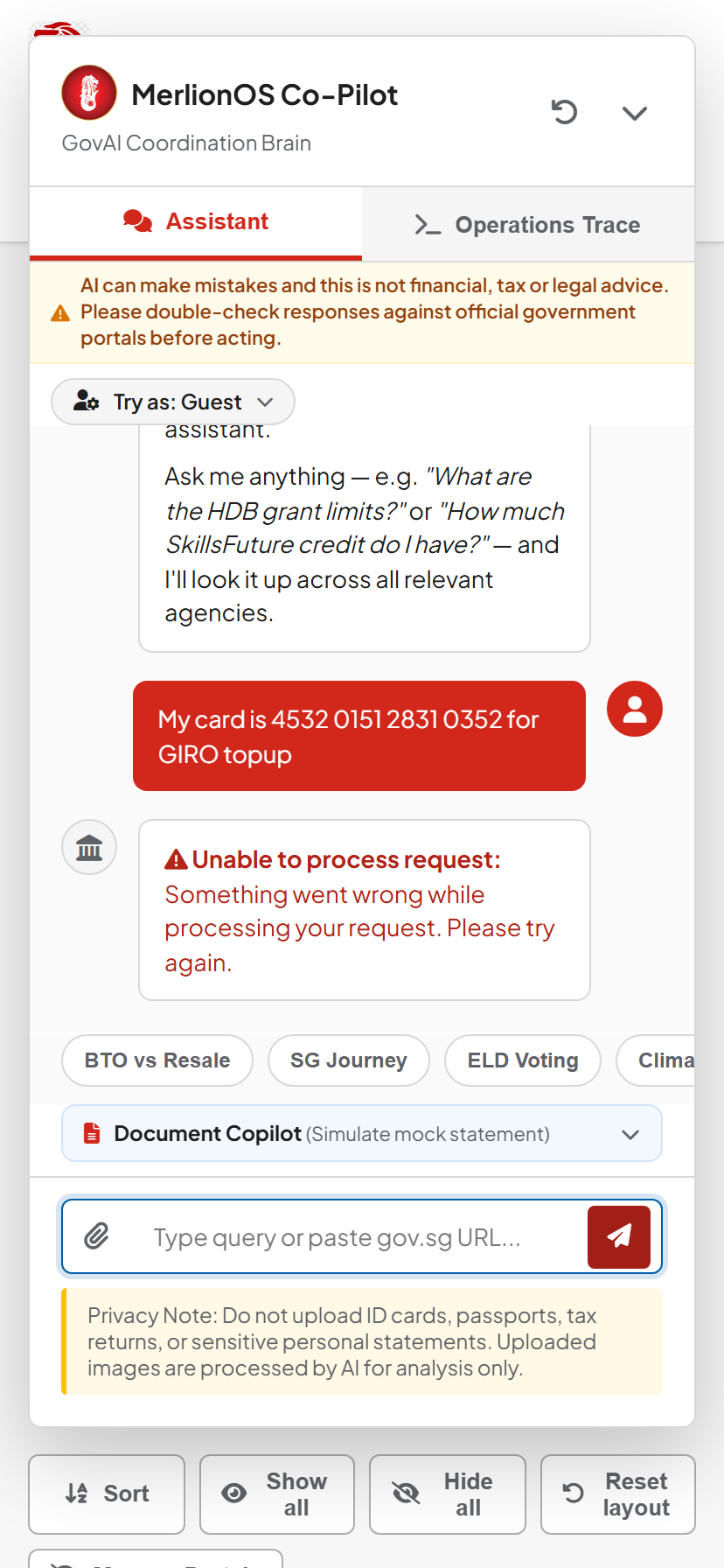 MerlionOS PII Guardrail blocking a Luhn-checked Credit Card input before sending
