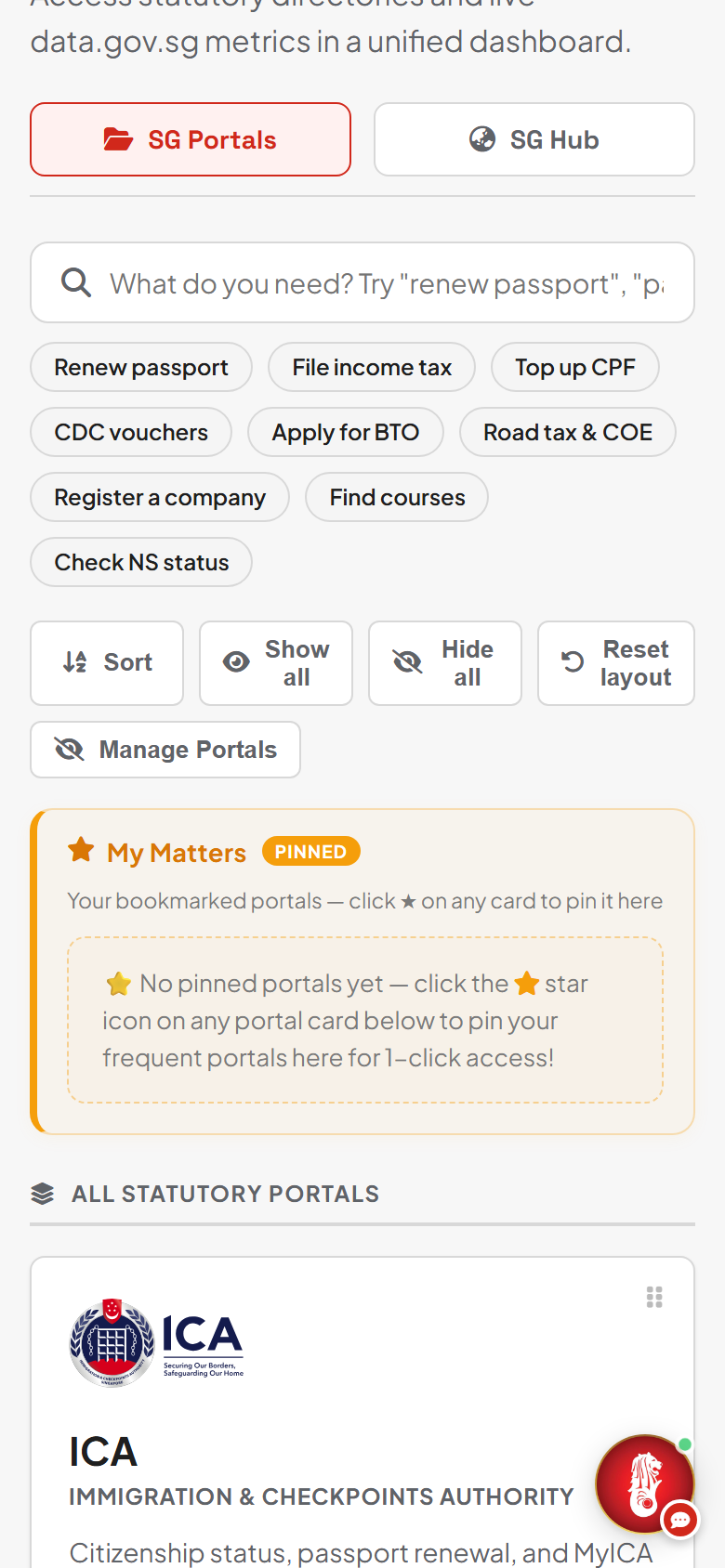 MerlionOS mobile portal grid with intent search, quick-task chips and Manage Portals controls