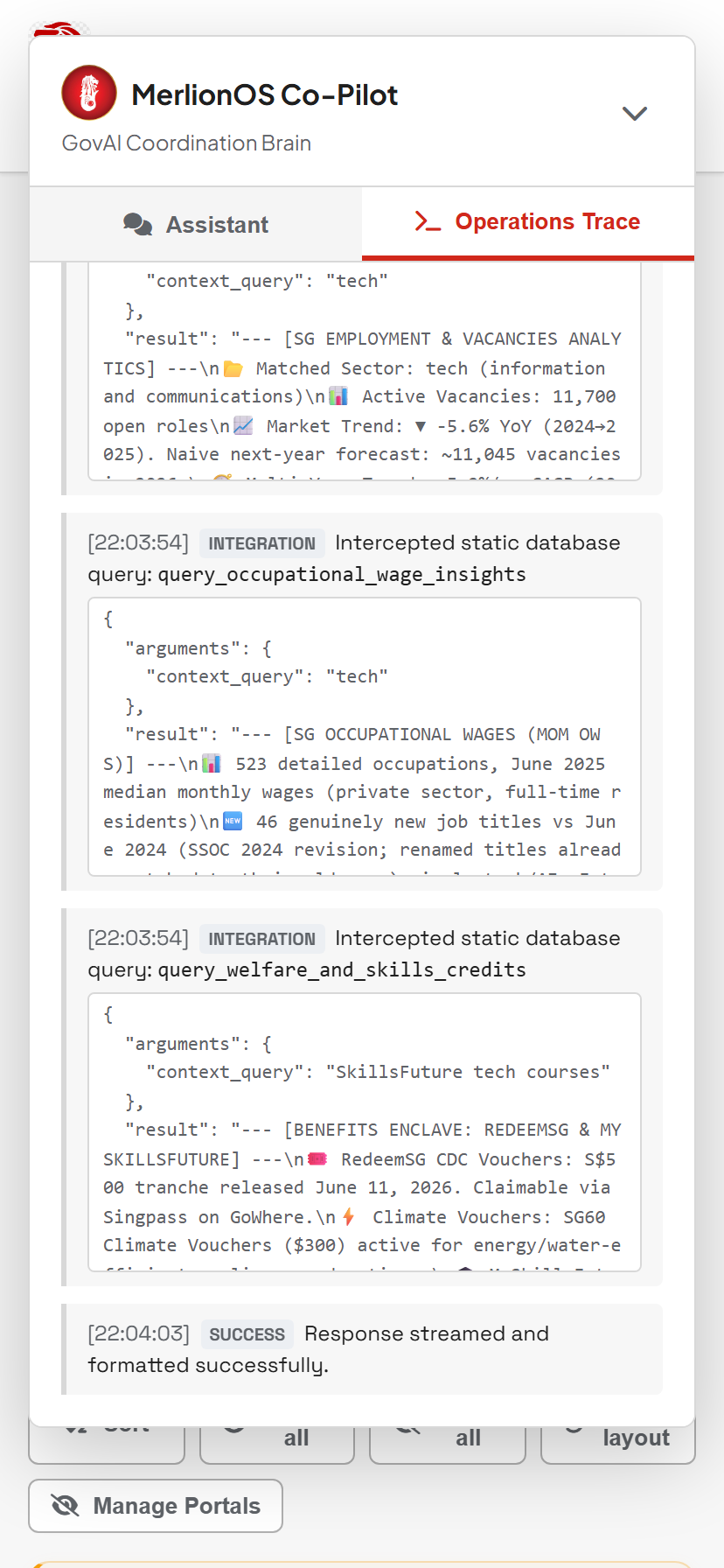 MerlionOS Operations Trace Step 3: Tool dispatch log for SkillsFuture Courses