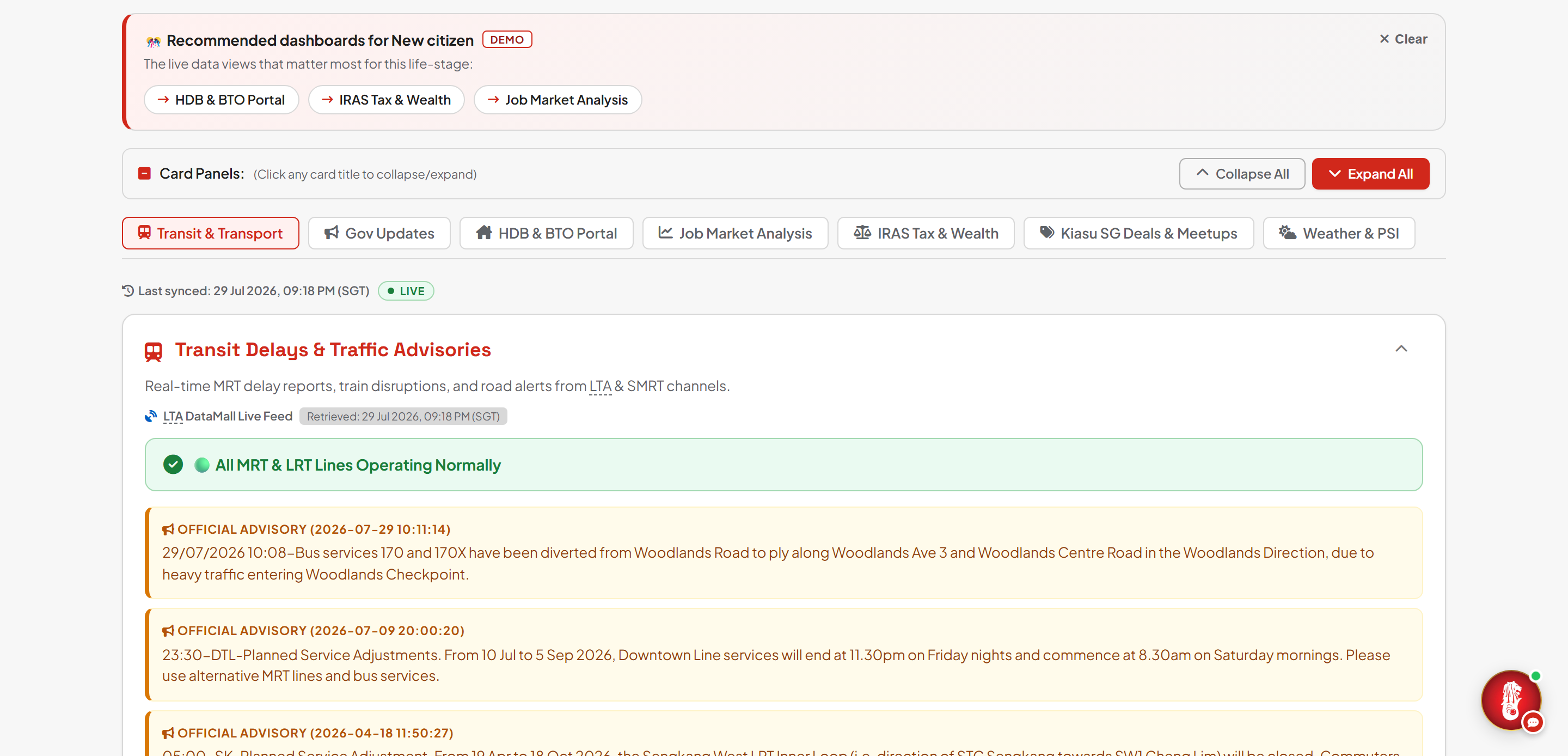 MerlionOS SG Hub recommended dashboards for the New Citizen persona